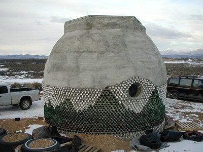 Earthship in the form of a dome, outside of Taos, New Mexico.