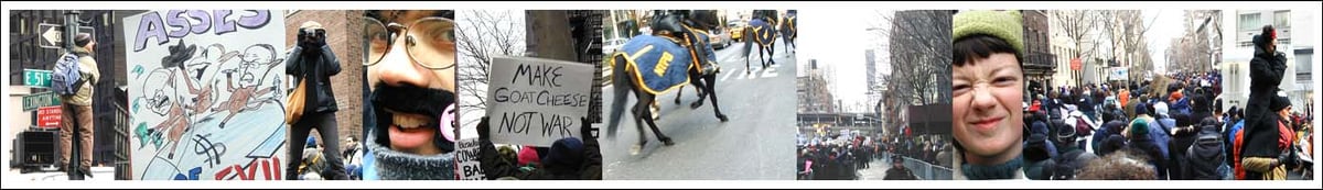 Various snapshots from a protest in New York City: faces, police on horses, people climbing poles, and someone holding up a sign that reads "Make Goat Cheese Not War"