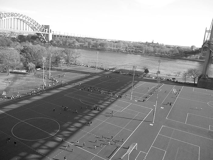 Soccer players, Randall's Island, from the Triborough Bridge