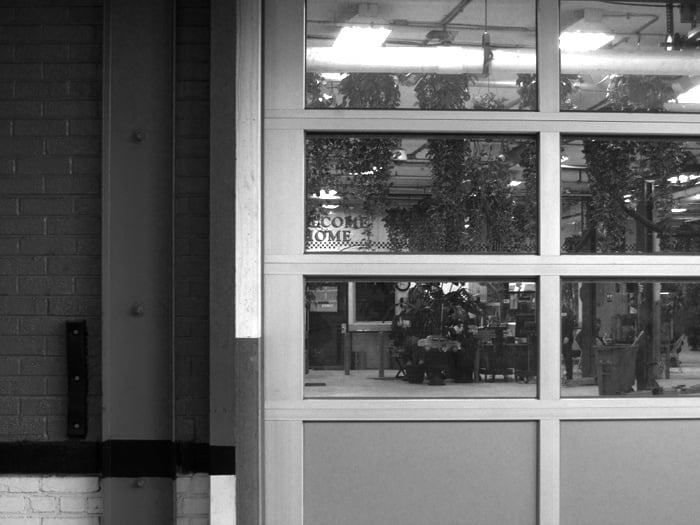 Taxi repair station draped with plants and bright colors, Queens