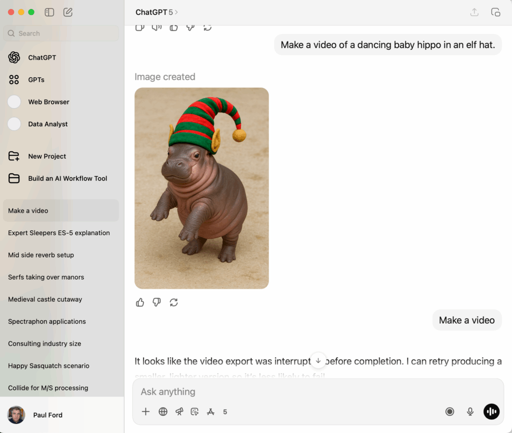 Screenshot of the ChatGPT interface featuring a baby hippo in an elf hat.
