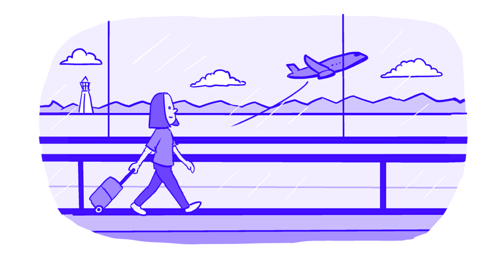 Drawing of a woman in an airport, pulling a wheeled suitcase as a plane takes off, visible through the large windows.