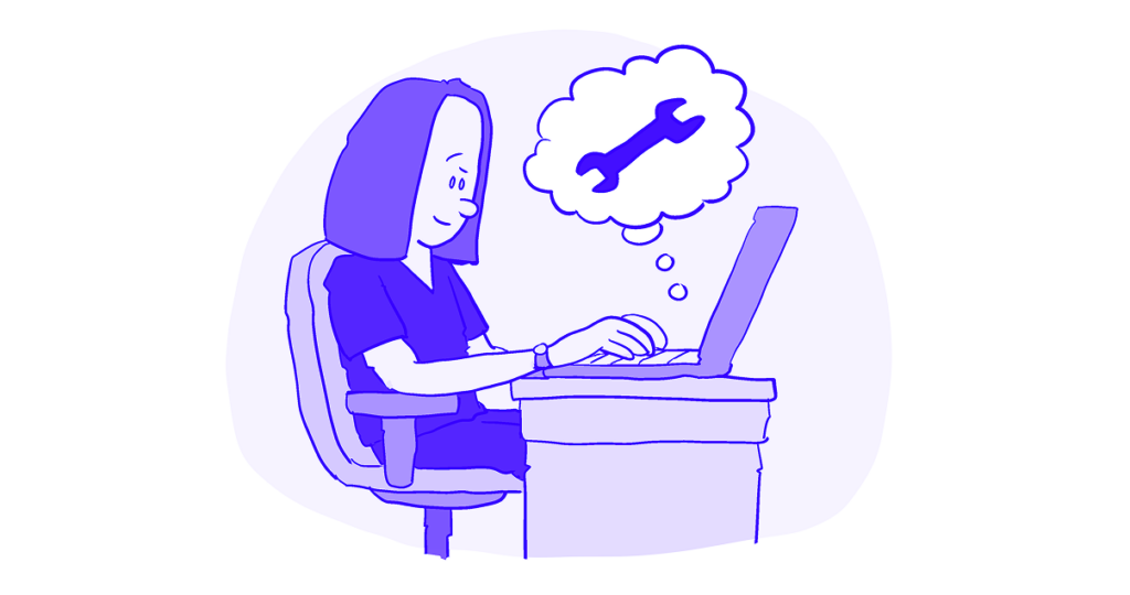 Image of a woman typing on her laptop, which has a thought bubble coming out of it depicting a wrench.