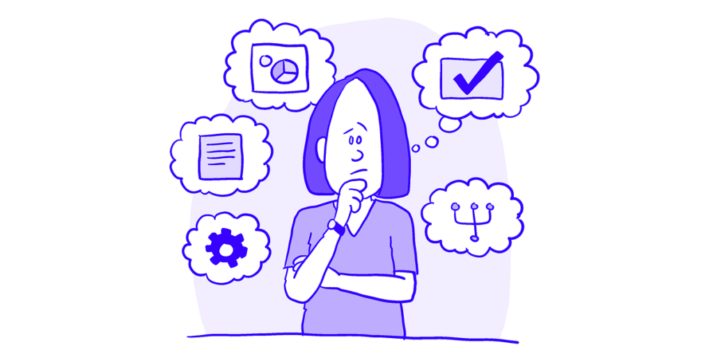 Image of a woman looking perplexed, with five thought bubbles coming out of her depicting different things: A gear, some text on a page, pie charts, a check box, and a branching diagram.