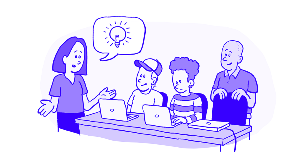 Drawing depicting the woman speaking, a lightbulb in her speech bubble. Three employees at a table, all with laptops, listen to her.
