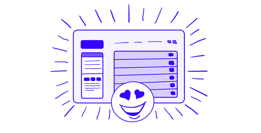 Drawing of a database-type interface with sparkles coming out of it and a big heart eye emoji in front.