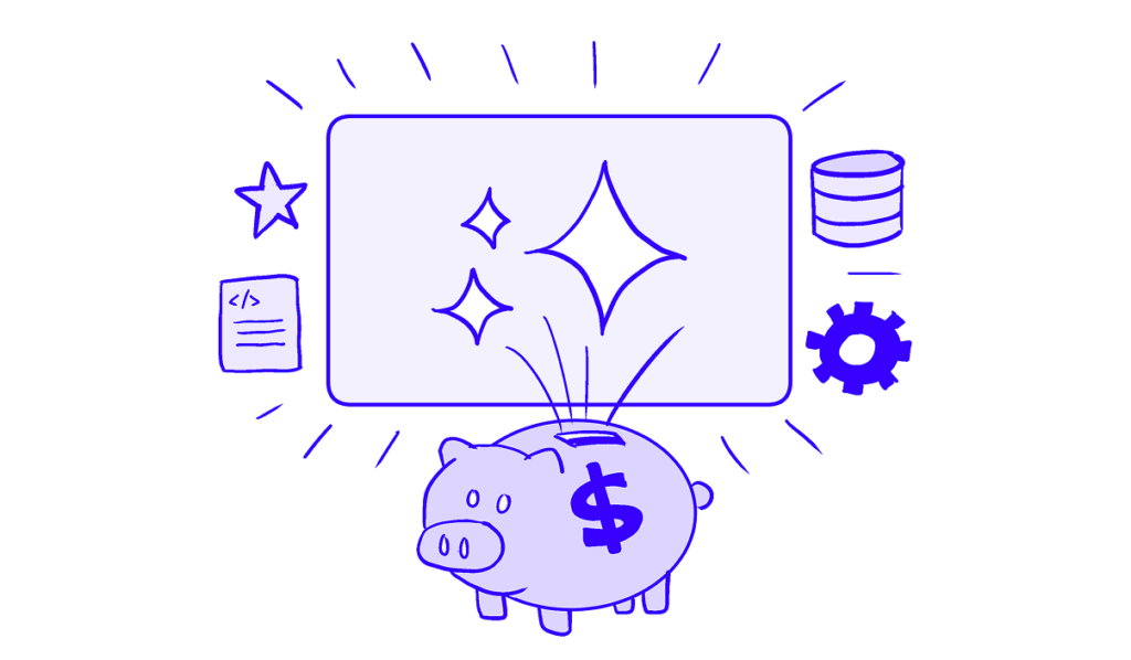 Drawing of a piggy bank with a dollar sign on the side. Above it is a big panel of AI sparkles, with smaller icons on either side (code, star, stack, gear). 