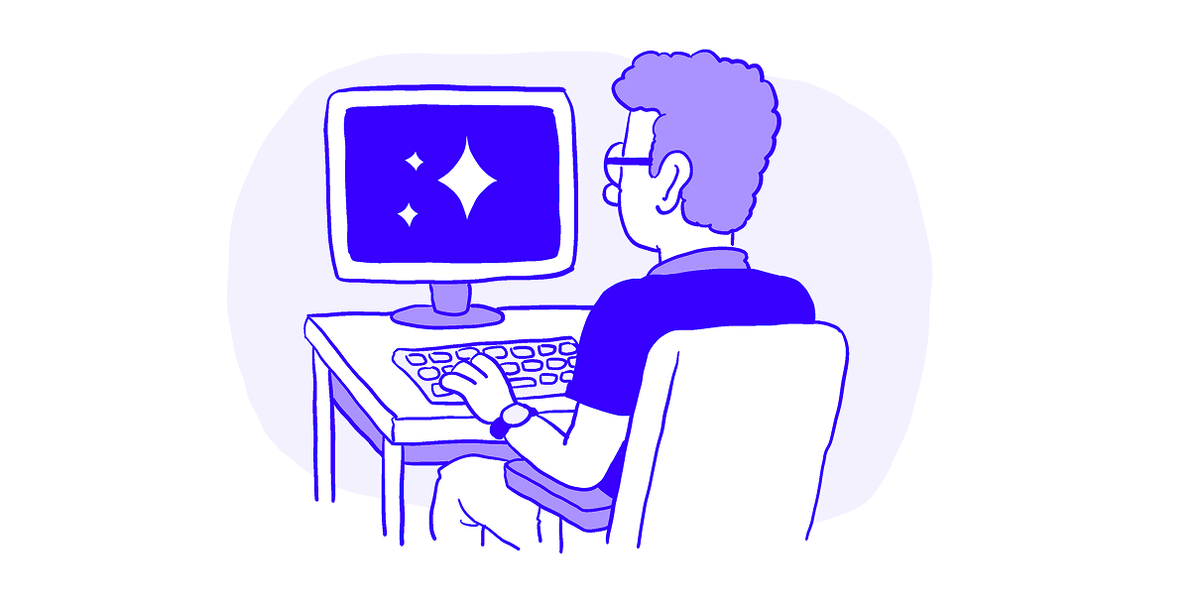 Drawing of a man sitting at a computer, AI sparkles on the screen