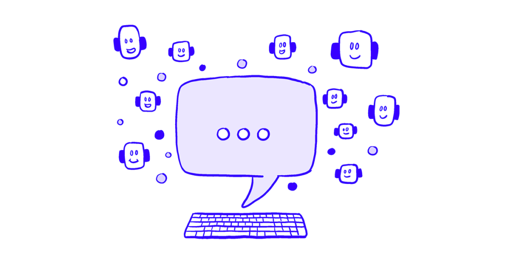 Drawing of a chatbot's thinking speech bubble coming out of a computer keyboard, lots of little smiling bot faces floating around it.