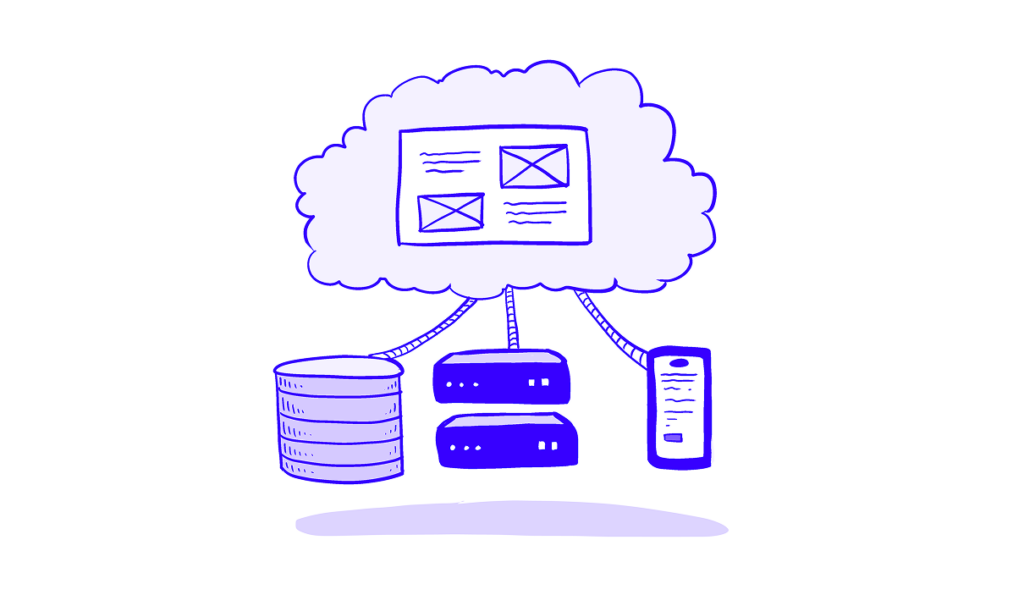 Drawing of a web page inside a cloud, connected to several devices (servers, phone) via cables.