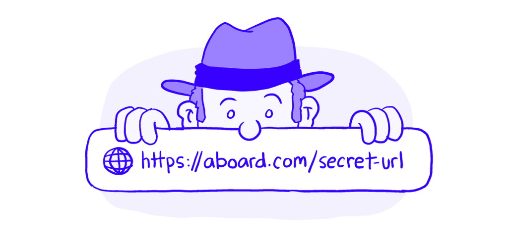 Drawing of a spy-type man in a fedora peeking over a big banner reading: https://aboard.com/secret-url.