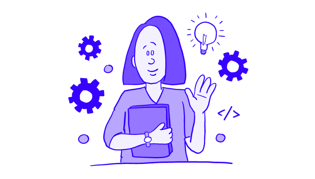 Drawing of a woman holding a laptop and waving, with a lightbulb and a bunch of gears around her head.