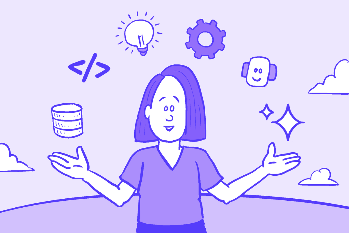 Drawing of a woman with her arms outstretched and several components of development floating above her head (a stack, code, a lightbulb, a gear, a robot head, and AI sparkles).