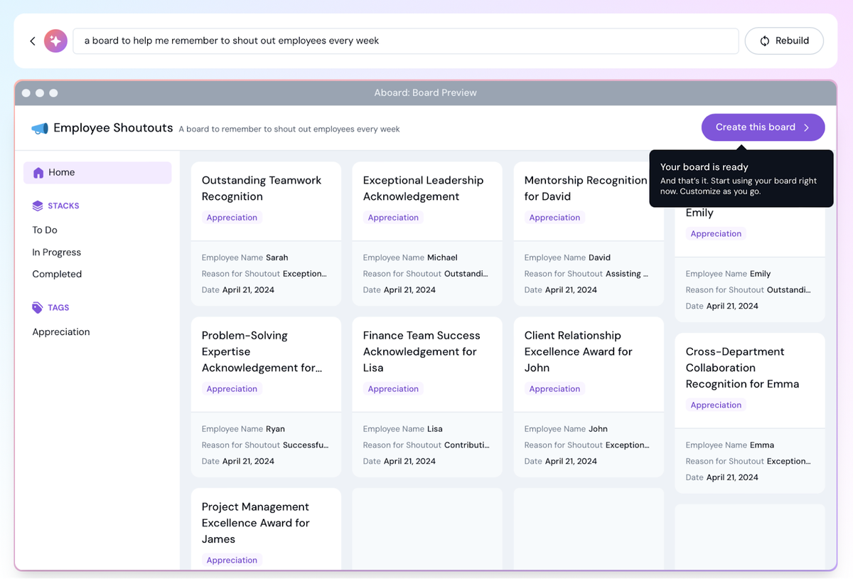 An Employee Shoutouts board