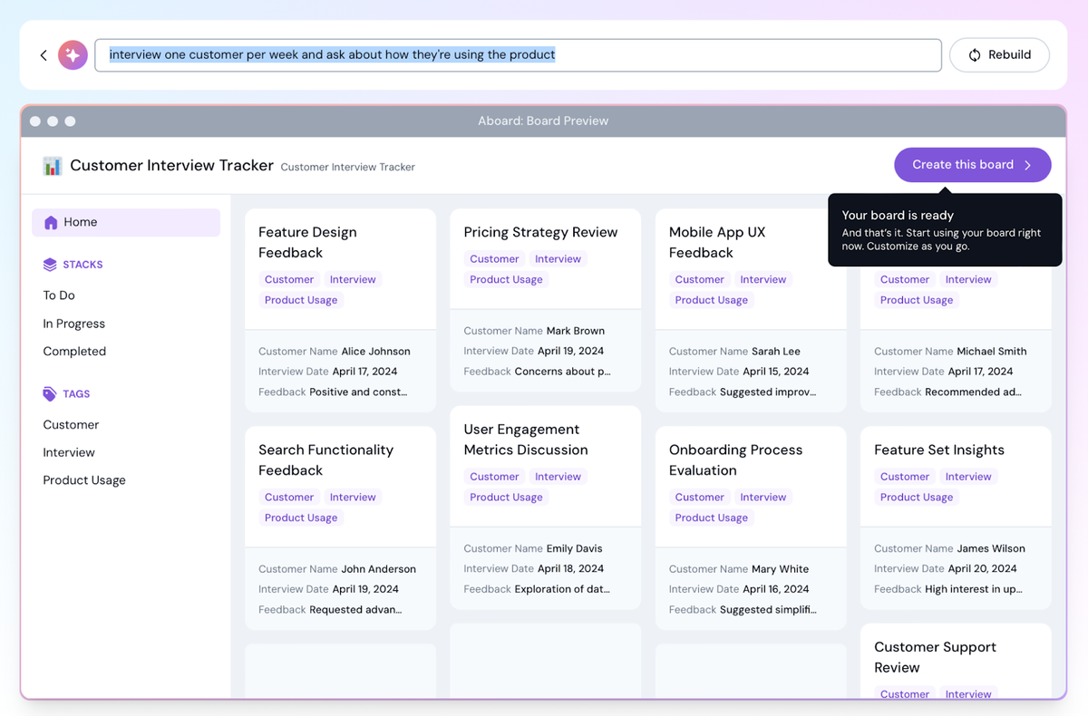 A Customer Interview Tracker board