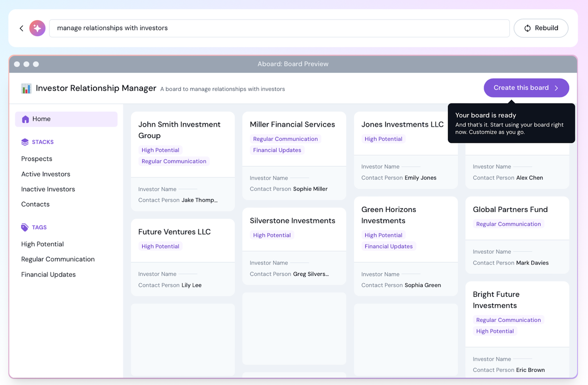 An Investor Relationship Manager board