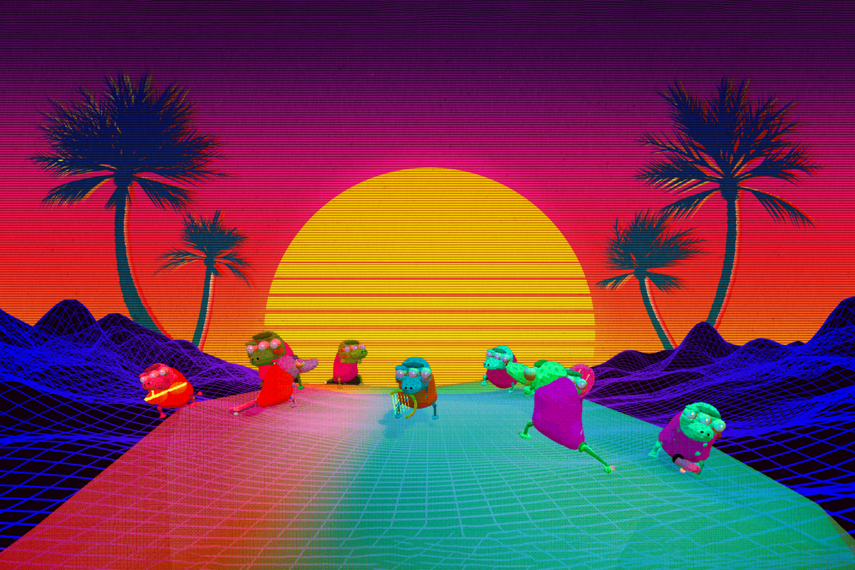 Image of a vaporwave beach scene with a setting sun and palm trees, and a collection of the aliens from Paul's software.