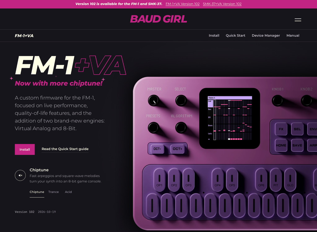 Image of the FM-1+VA firmware ad, featuring a purple and pink synth.