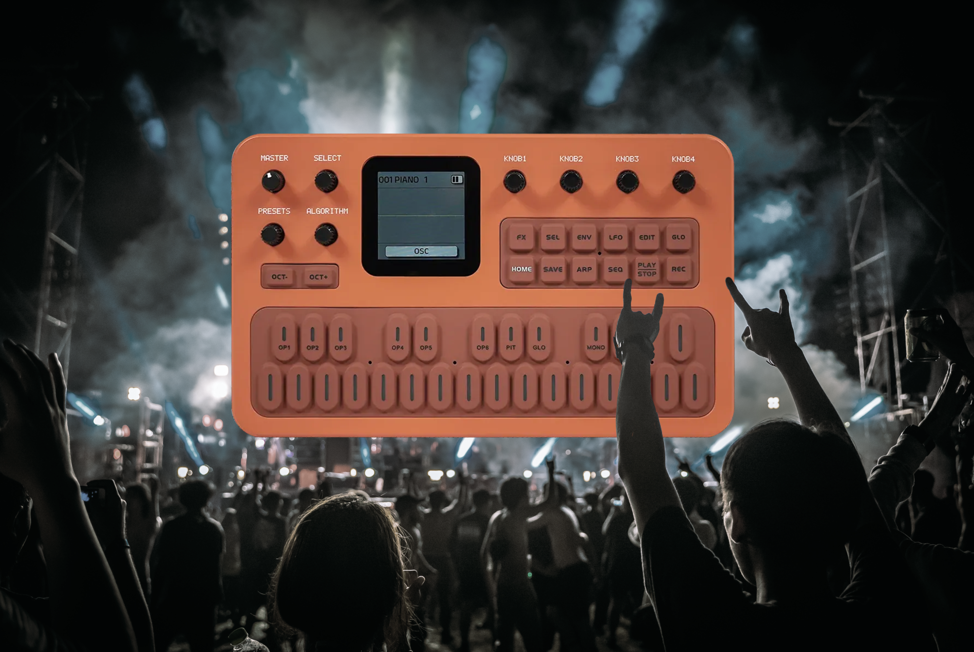 Image of an orange synth floating above a crowd at a concert.