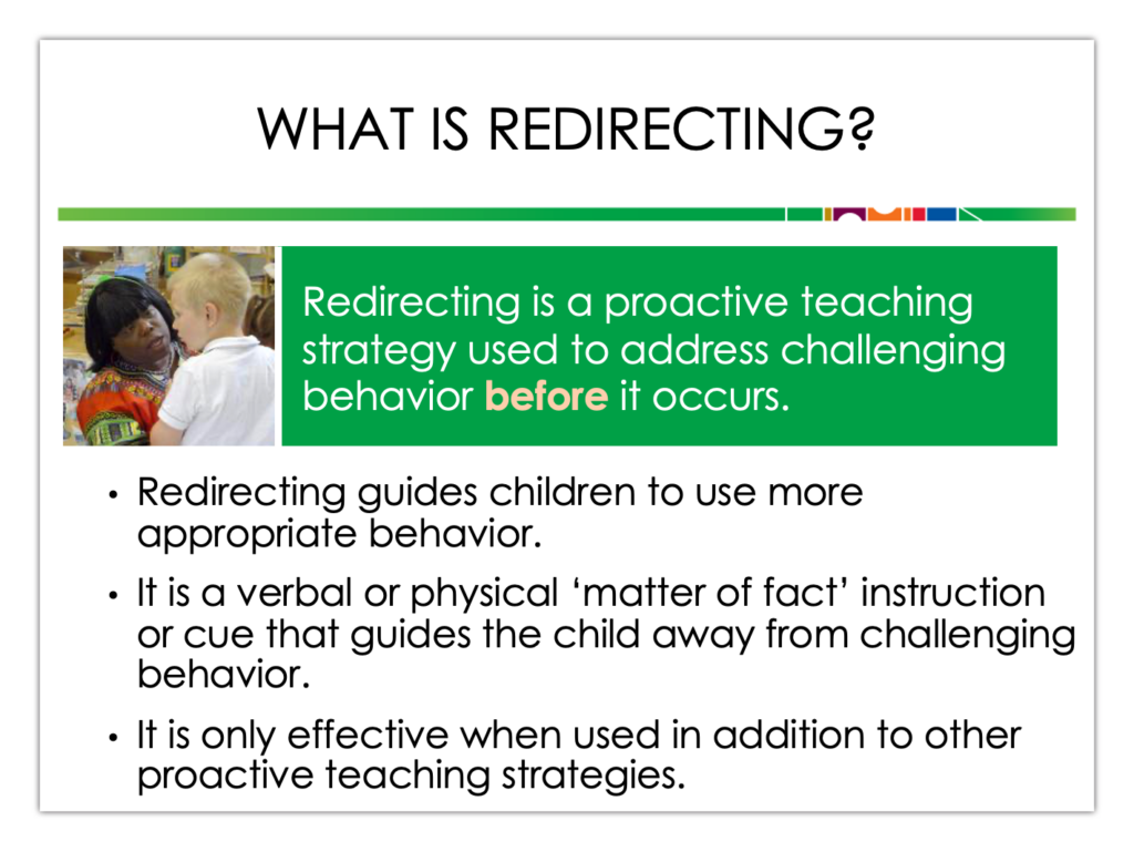 Screengrab from the Head Start video titled "What is Redirecting." With an image of a teacher and child and several bullet points explaining the concept.