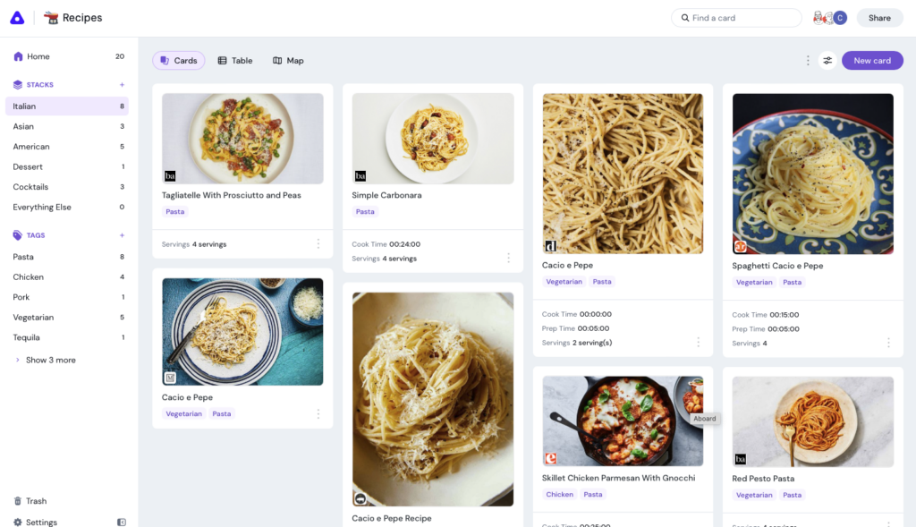 Image of the new Aboard featuring cards with pictures of pasta