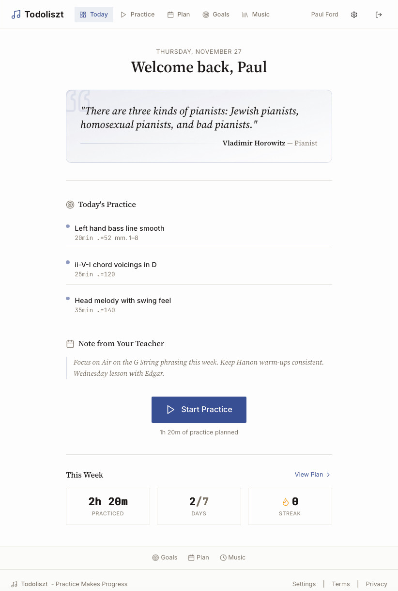 A web app called Todoliszt, with links to different practice options. It says 

THURSDAY, NOVEMBER 27
Welcome back, Paul
"There are three kinds of pianists: Jewish pianists, homosexual pianists, and bad pianists."
Vladimir Horowitz — Pianist

Start Practice
1h 20m of practice planned