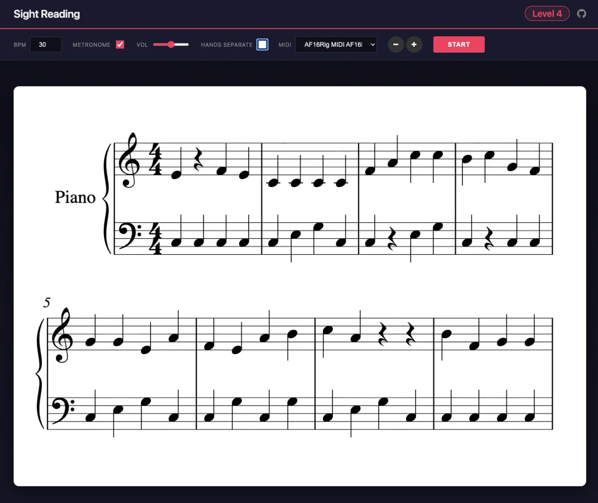 A website with very boring sheet music with quarter notes and rests — eight bars. 