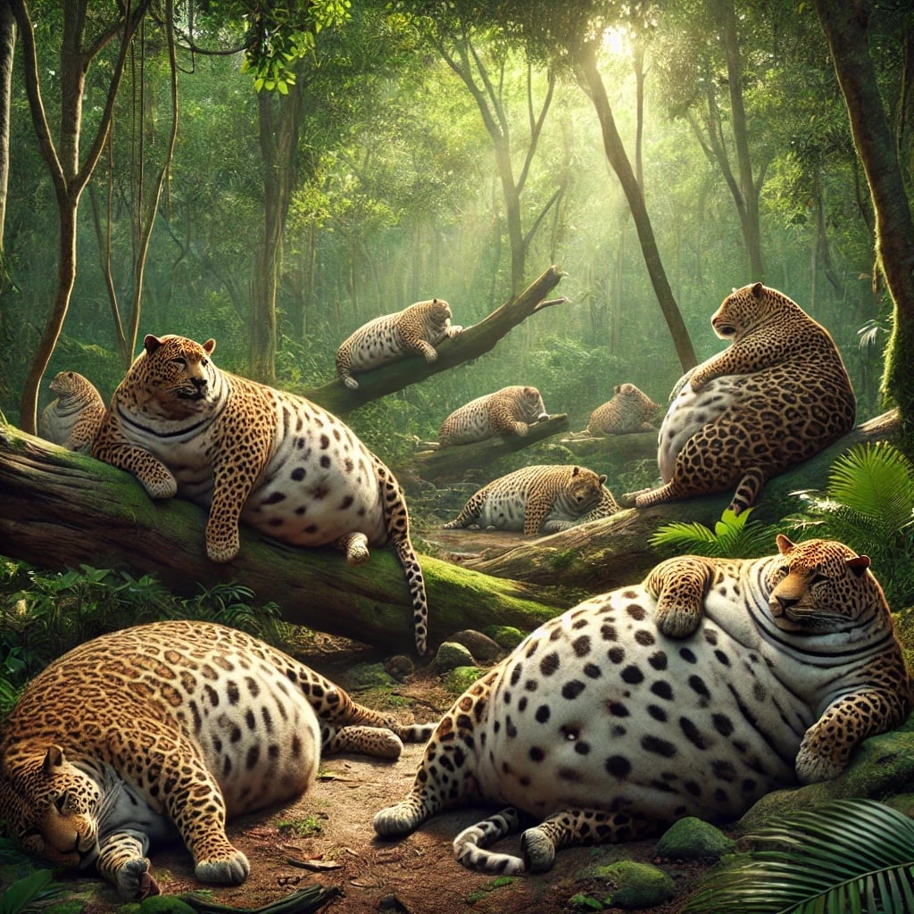 Crappy AI image of extremely obese leopards lounging in the jungle.