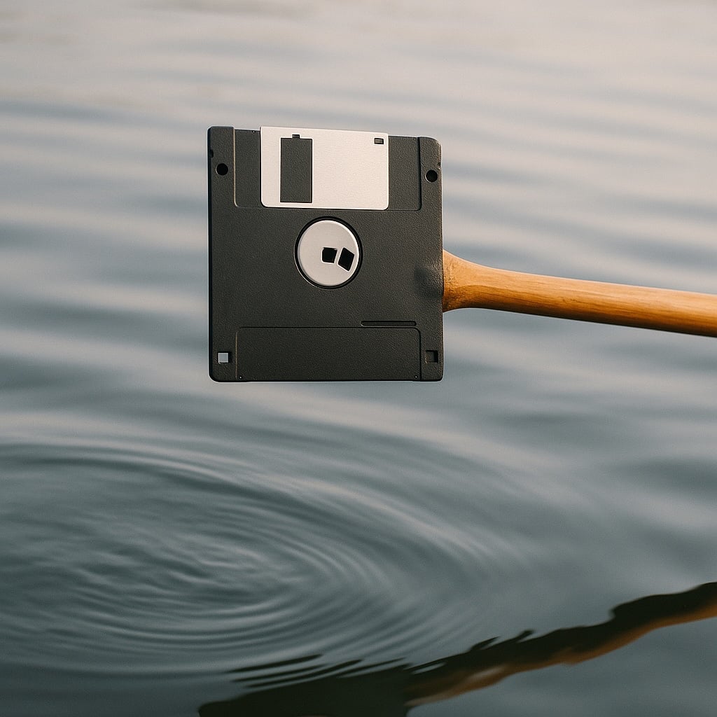 AI-generated photo of a floppy disk attached to an oar handle over rippling water.