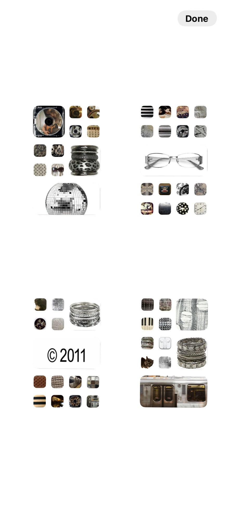 Four bundles of icons and images in beige, brown and gray, all bits of jewelry and NYC image plus random text and a disco ball. All in a tight grid. Most are app icons.